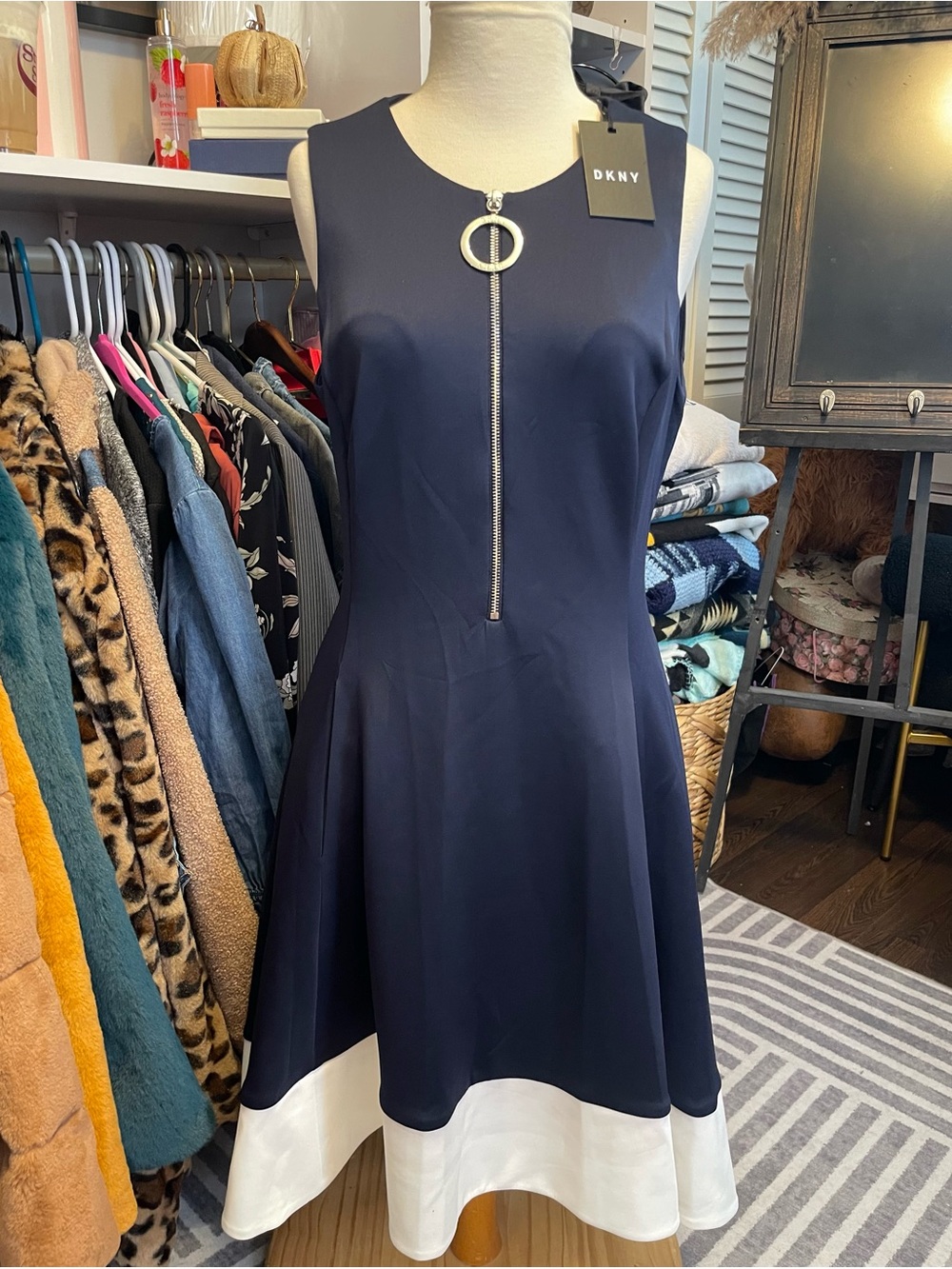 DKNY Navy & White Sleeveless High-Low A-Line Dress with Ring Zip